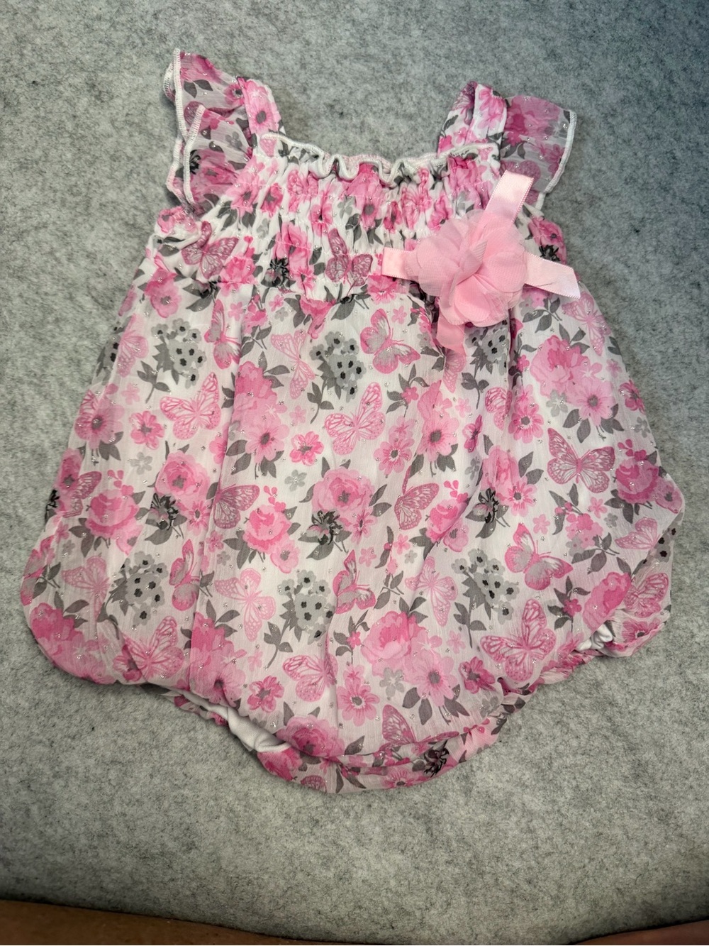 Pink Floral Butterfly Baby Bubble Romper with Flower Accent